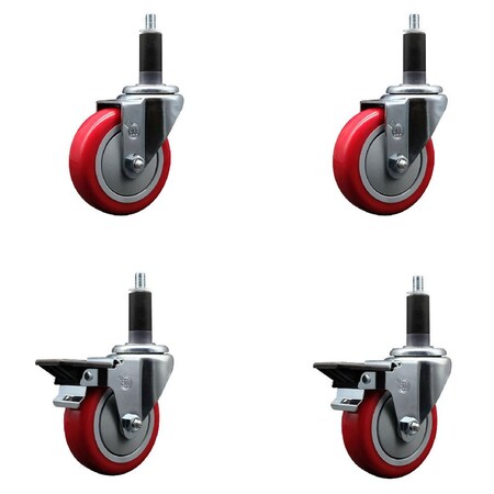 Service Caster 4'' Red Poly Wheel Swivel 1-1/8'' Expanding Stem Caster Set 2 Brakes, 4PK SCC-EX20S414-PPUB-RED-2-PLB-2-118